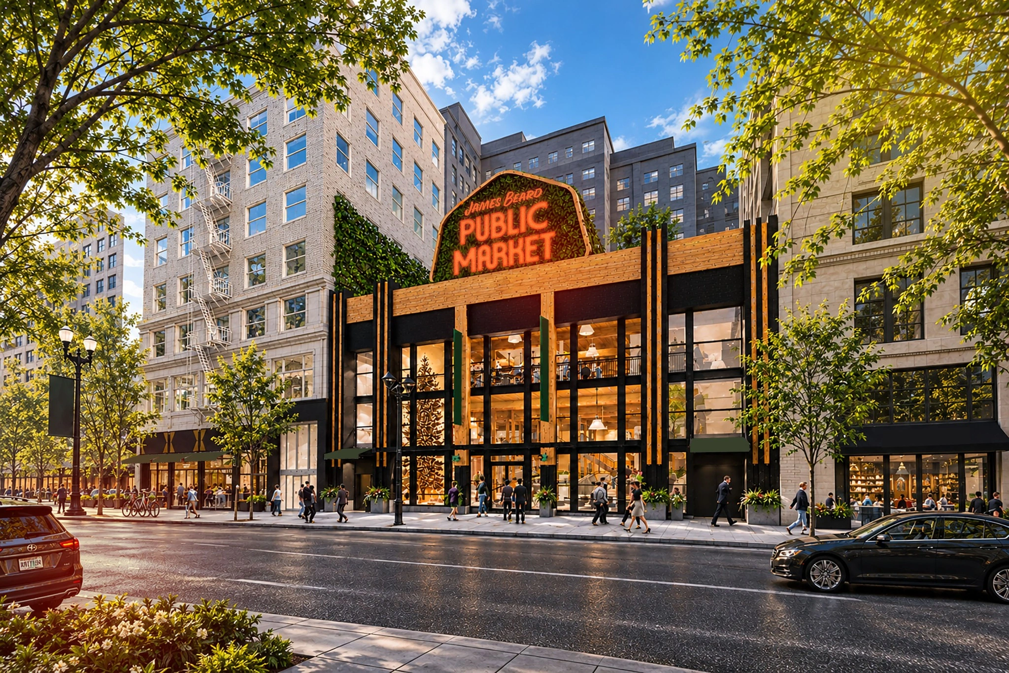 Front façade visualization of James Beard Public Market, September 17